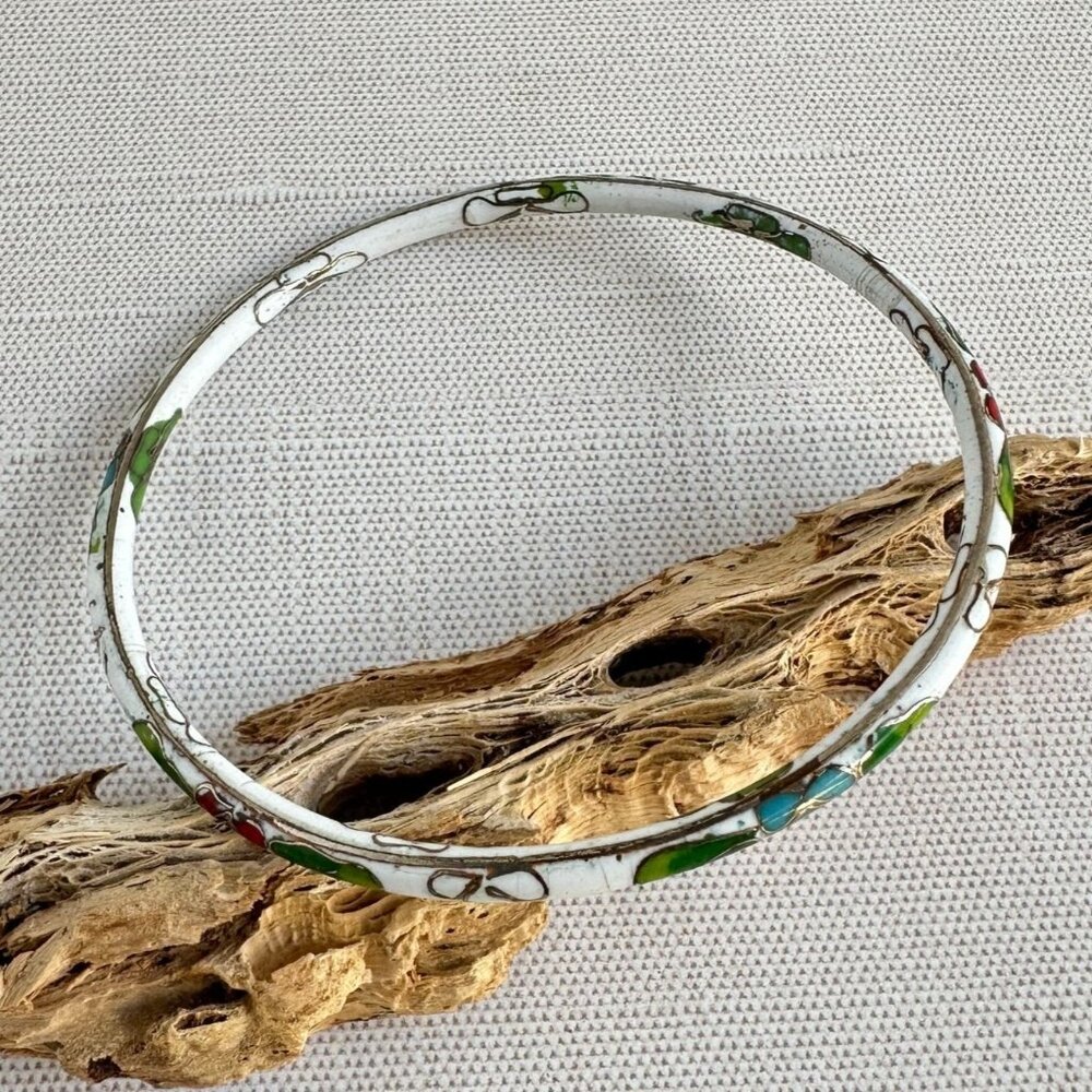 Vintage Cloisonne Bangle White With Floral Design 8"
